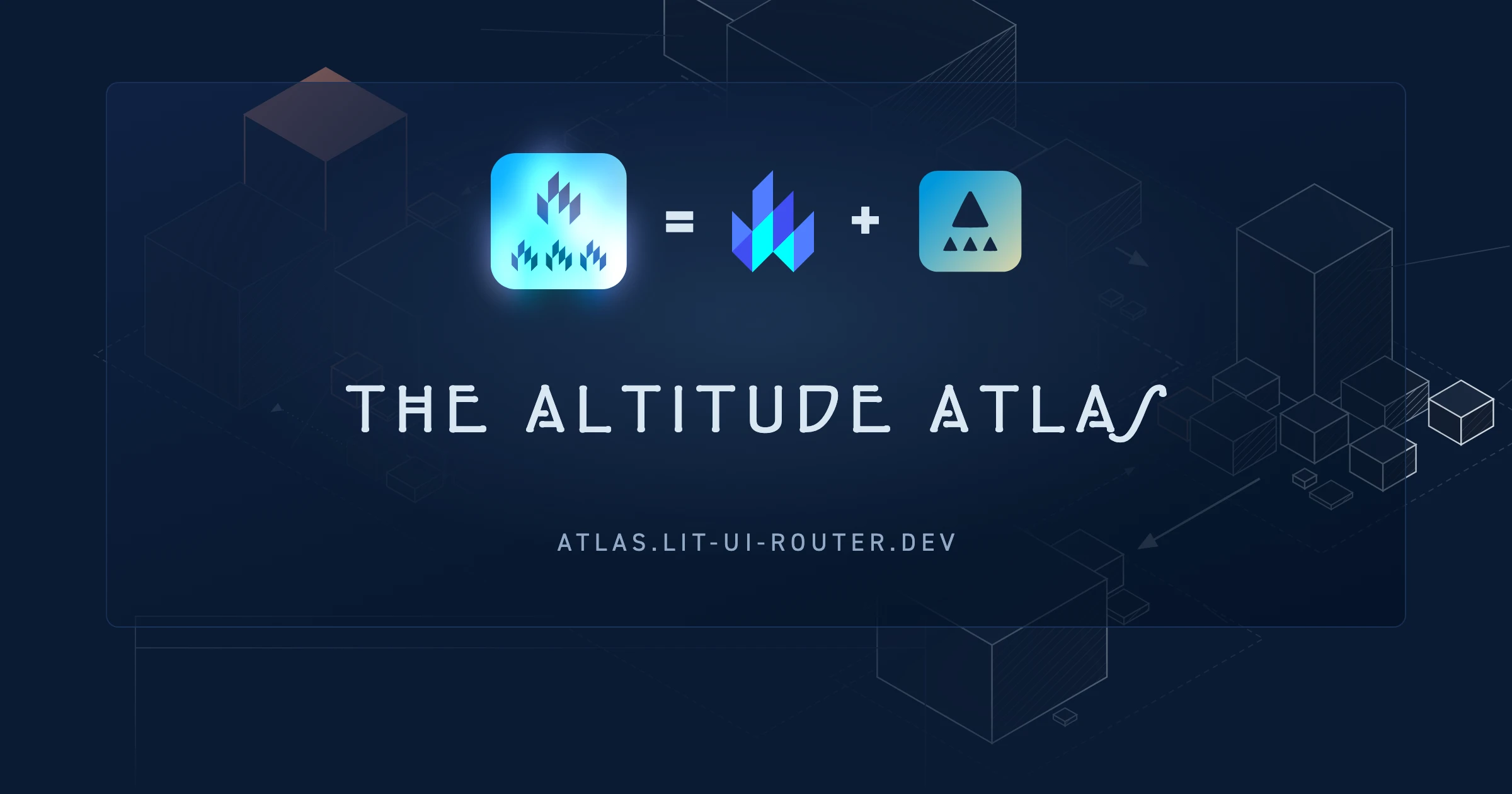The equation card: the lit-ui-router logo, an equals sign, the Lit flame, a plus sign and the UI-Router mark over the measured city of sheet 7, with THE ALTITUDE ATLAS lettered beneath.